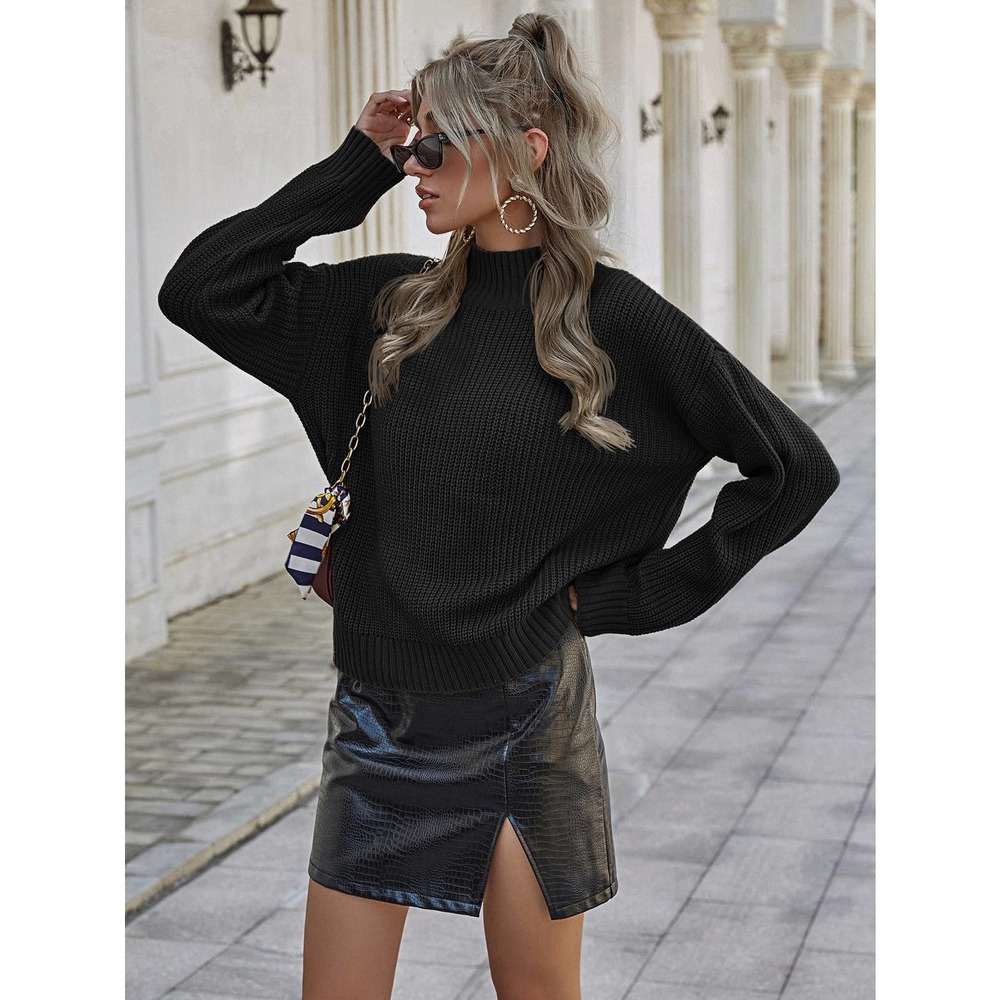 minimalist Ribbed Knit Mock Neck Sweater preppy black - Picture 6 of 9